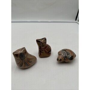 Lot Of 3 VTG Tonala Owl Folk Art Pottery Hand Painted Brown Owl Cat Frog